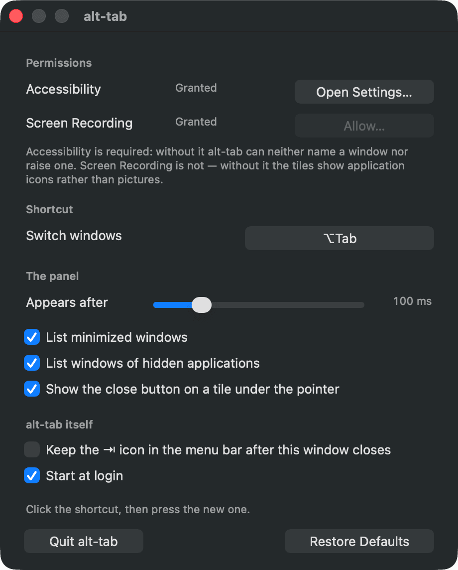 alt-tab's settings window: permissions, shortcut, and what the panel lists