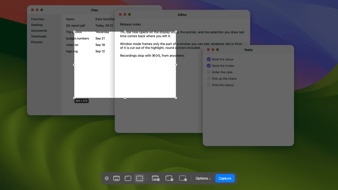 The area mode over a desktop with three windows: the screen dimmed, a selection across two of them with its handles and its size in pixels, the bar underneath